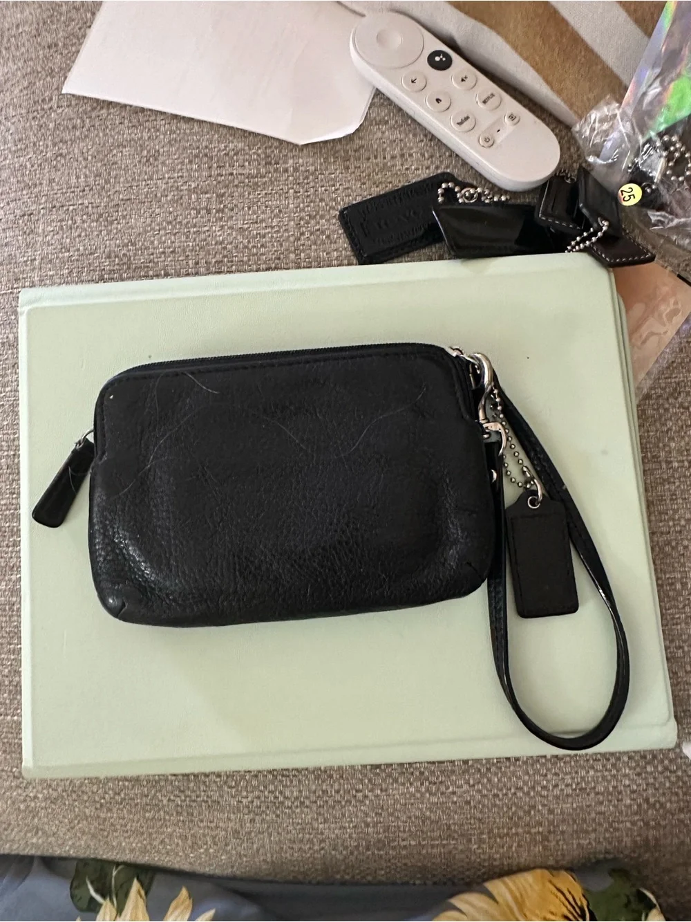 COACH Black Pebbled Leather Double Zipper Wristlet, Logo Disc, Ice Blue Lining
